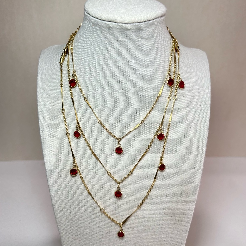 Red Crystal Dangles Gold Tone Station Necklace 48” Long with Barrel Clasp